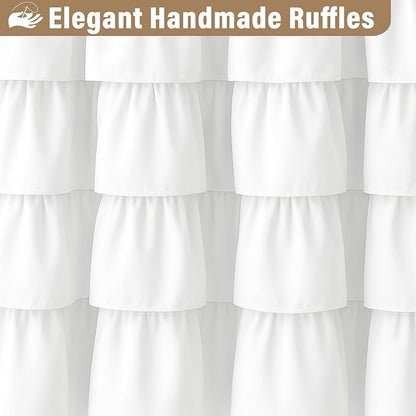 Seasonwood White Ruffle Shower Curtain Farmhouse Vintage Handcrafted Rustic Decorative Fabric Shower Curtains for Bathroom, 72" x 72"