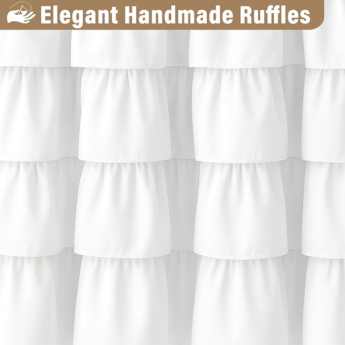 Seasonwood Small White Ruffle Shower Curtain Farmhouse Vintage Handcrafted Rustic Decorative Fabric Shower Curtains for Bathroom, 36" x 72"