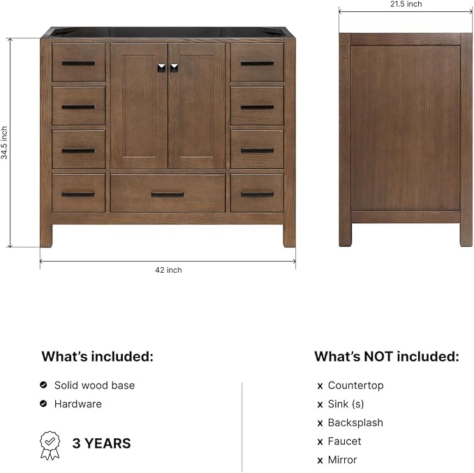 ARIEL Cambridge 42-inch Bathroom Vanity Base Cabinet,Solid Wood, 2 Soft Closing Doors, 9 Dovetail Drawers, Brown Oak