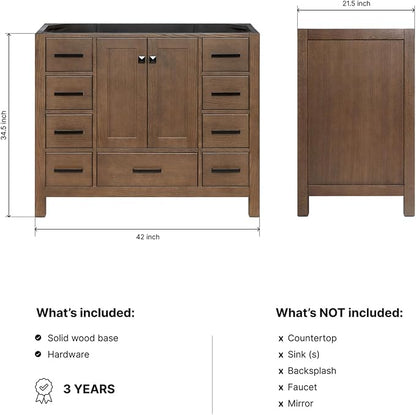 ARIEL Cambridge 42-inch Bathroom Vanity Base Cabinet,Solid Wood, 2 Soft Closing Doors, 9 Dovetail Drawers, Brown Oak