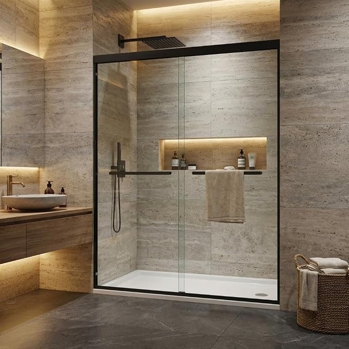 44-48" W x 72" H Sliding Shower Door, 6mm Tempered Glass with Square Rail, Double Sliding Design, Easy-Clean & Smooth Glide for Bathroom Remodel, Matte Black