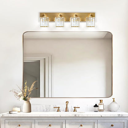 Gold Crystal Bathroom Vanity Light, 4-Light Modern Bathroom Lighting Fixtures Over Mirror,Chrome Wall Sconce Light Fixtures with Square Shade