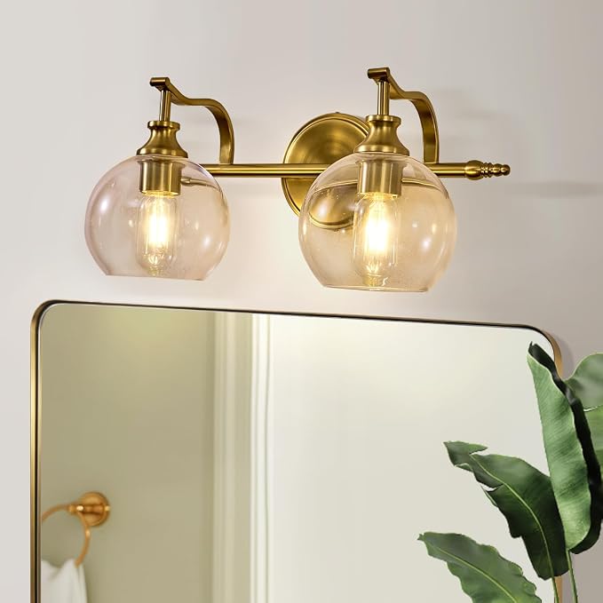Gold Bathroom Light Fixtures, 2-Light Brass Vanity Light, Modern Sconces with Globe Clear Lampshade, Farmhouse Bathroom Lighting Fixtures Over Mirror with Metal Lamp Body, E26 Base