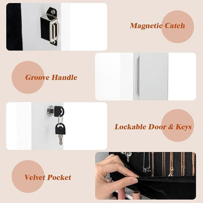 Giantex Jewelry Armoire Wall Door Mounted, Lockable Jewelry Cabinet with 42.5'' Full Length Mirror, 2 LEDs Jewelry Organizer Box with 2 Drawers, Mirror with Jewelry Storage (White)