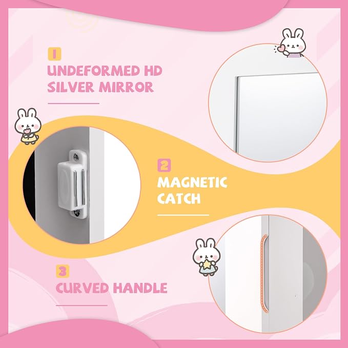 HONEY JOY Kids Jewelry Armoire Cabinet, Rabbit Themed Wooden Standing Jewelry Organizer w/Full-length Mirror and Storage Drawers, Children Dress Up Jewelry Cabinet for Little Girls (White)