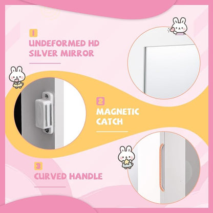 HONEY JOY Kids Jewelry Armoire Cabinet, Rabbit Themed Wooden Standing Jewelry Organizer w/Full-length Mirror and Storage Drawers, Children Dress Up Jewelry Cabinet for Little Girls (White)
