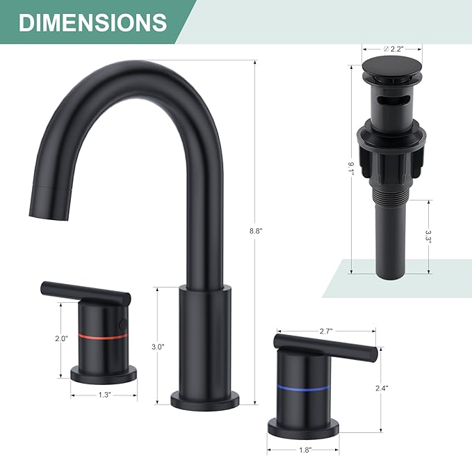 Faustina Black Bathroom Faucets,8 Inch Widespread Bathroom Faucet for Sink 3 Hole,Bathroom Faucet with Pop Up Drain,cUPC Water Supply Line,2-Handles Stainless Steel Vessel Sink Faucet Basin Mixer Tap