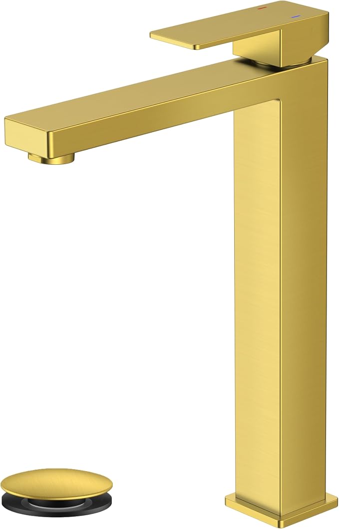FORIOUS Vessel Sink Faucet Single Hole, Brushed Gold Tall Bathroom Faucets | Modern Tall Single Handle Space Saving Design, with Pop up Drain for Basin Bowl Vanity Lavatory Residential/Commercial Use