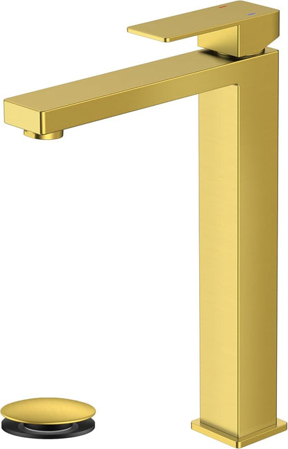 FORIOUS Vessel Sink Faucet Single Hole, Brushed Gold Tall Bathroom Faucets | Modern Tall Single Handle Space Saving Design, with Pop up Drain for Basin Bowl Vanity Lavatory Residential/Commercial Use