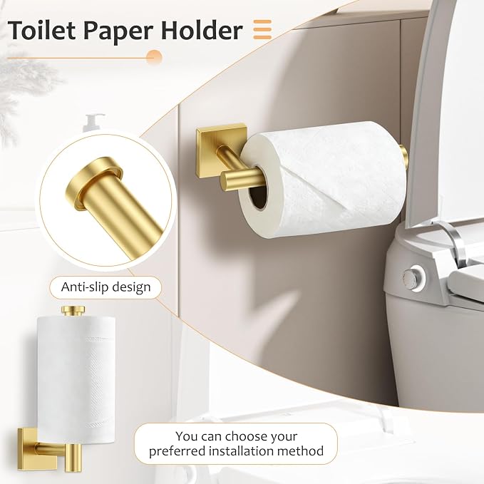 5 Pieces Brushed Gold Bathroom Hardware Set Towel Bar Set Stainless Steel Wall-Mounted Bathroom Accessories Set 23.6 Inch Towel Racks for Bathroom