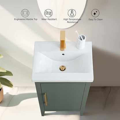 Vanity Art 20 inch Bathroom Vanity with Single Sink & Ceramic Top, Vanity Cabinet with Soft-Closing Doors, Solid Wood Frame, Vintage Green, VA9020-VG-MB1