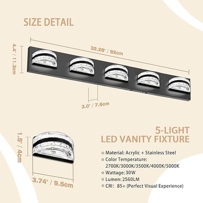 LED Bathroom Vanity Light, 360°Rotatable, 2560LM 5 Light, Black Modern Matte Bathroom Lighting Fixtures, Over Mirror Vanity Lights for Bedroom, Living Room ETL Certified