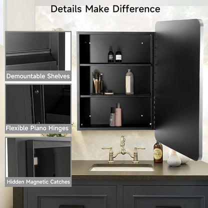 Movo Medicine Cabinet with Mirror, 20x28 Inch Farmhouse Metal Framed Rectangle Bathroom Mirror Cabinet, Recess or Surface Mount Installation Chrome