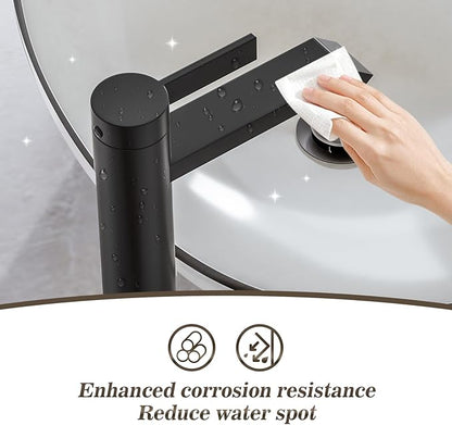 Phiestina Single Hole Matte Black Tall Bathroom Vessel Sink Faucet,Single Handle Waterfall Above Counter Sink Sink Faucet with Metal Pop Up Drain Without Overflow and Water Supply Line,FH04-MB-V