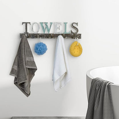 MyGift Towel Rack for Bathroom, Wall Mounted Bath Towel Holder with 5 Dual Hooks, Kitchen Laundry Hand Towel Hanger, Rustic Multicolored Solid Wood with Decorative Towel Cutout Design