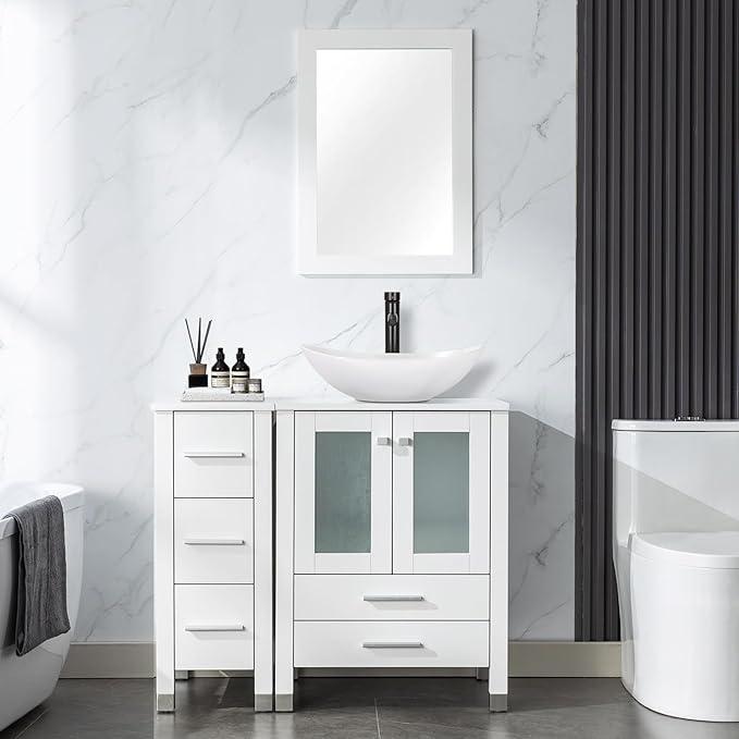 LUCKWIND 36" Bathroom Vanity with Sink Combo, 24-inch Main Cabinet with 12.6-inch Side Cabinet, Painted Bathroom Storage Cabinet with 5 Drawers, Including White Boat Sink Without Mirror, White