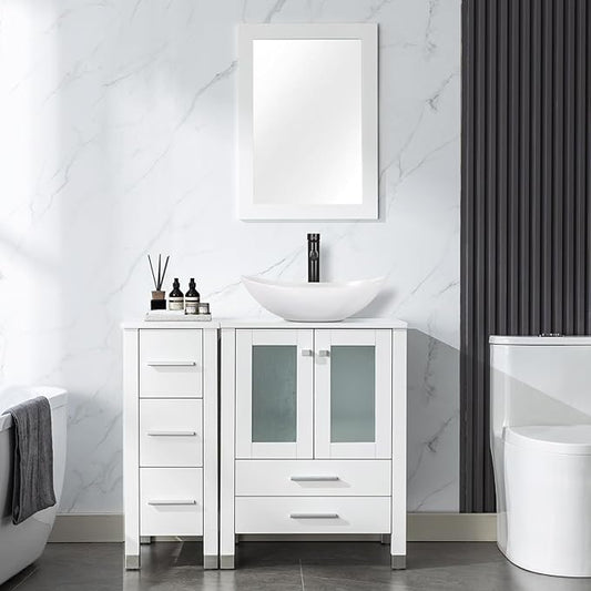 LUCKWIND 36" Bathroom Vanity with Sink Combo, 24-inch Main Cabinet with 12.6-inch Side Cabinet, Painted Bathroom Storage Cabinet with 5 Drawers, Including White Boat Sink Without Mirror, White