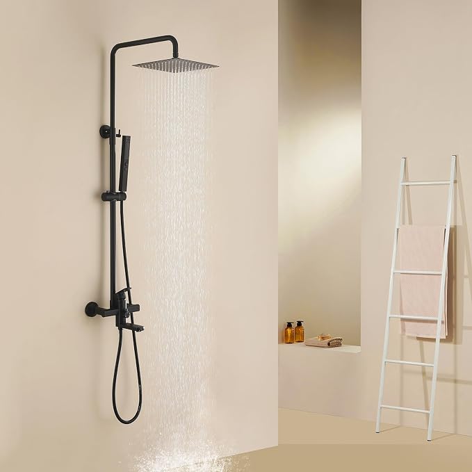 Exposed Shower System 10" Matte Black Rainfall Shower Head with 2 Modes Handheld and Tub Faucet Set, Square Shower Head 3 Functions Outdoor Shower Fixtures with Brass Valve, Height Adjustable