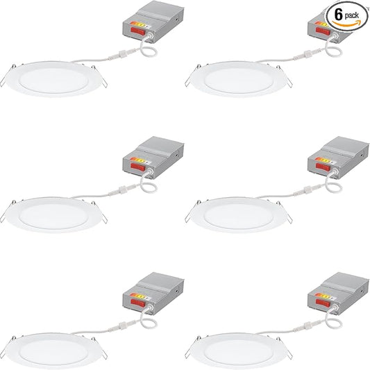 Juno LED Recessed Lights 6 Inch Round Wafer Downlight, 5-in-1 Switchable White Color Temperature, 120 Volts, 6-Inch Ultra-Thin Flat Trim, Matte White, 6-Pack (WF6 SWW5 90CRI CP6 MW M2)