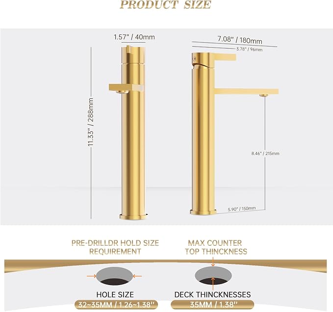 1 Hole Tall Bathroom Vessel Sink Faucet, Brushed Gold Single Hole Single Handle Vanity Faucet, with Pop Up Drain and Water Supply Line, FH02-BG-V