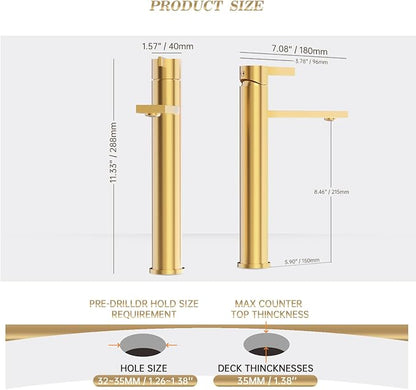1 Hole Tall Bathroom Vessel Sink Faucet, Brushed Gold Single Hole Single Handle Vanity Faucet, with Pop Up Drain and Water Supply Line, FH02-BG-V