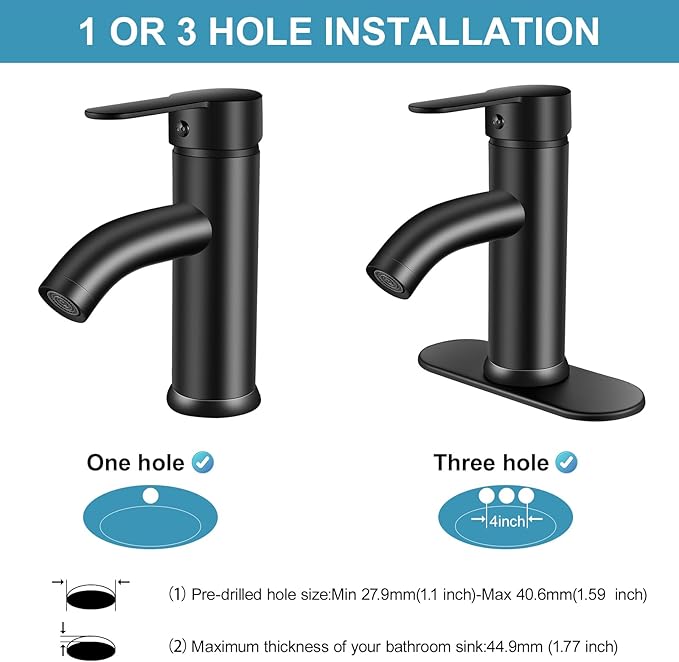 Black Single Hole Bathroom Faucet Black Vanity Faucet for Bathroom Sink 1 Hole or 3 Hole for Modern RV Sink with Pop-up Drain and Deck