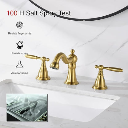 RKF Bathroom Faucets for Sink 3 Hole Gold 8 inch Widespread Bathroom Sink Faucet with Drain Double Lever Handle Faucet Bathroom Vanity Faucet Basin Mixer Tap WF013-BG