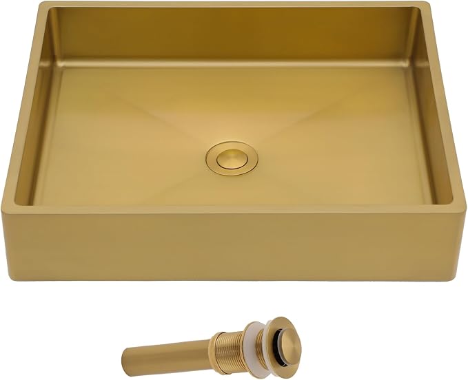 Gold Vessel Sink Stainless Steel - Fulorni 19"x15" Bathroom Vessel Sink Gold 16 Gauge Nano Titanium Plating Above Counter Rectangle Vanity Lavatory Bath Sink Basin