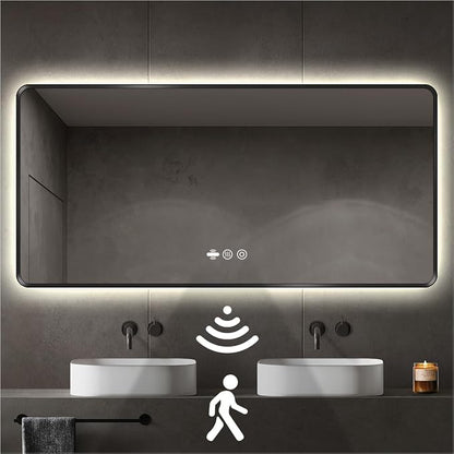66" x 36" Black LED Bathroom Mirror with Lights - Motion Sensor | Smart Backlit Mirror Bathroom, Anti-Fog, 3-Color Stepless Dimmable, Memory Function, Metal Framed Rounded-Corner Rectangle