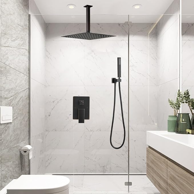‎Oil Rubbed Bronze Shower System Bathroom 12 Inch Rain Shower Head Ceiling Mount with Handheld Luxury High Pressure Shower Combo Set Shower Faucet Rough-in Valve Body and Trim Kit