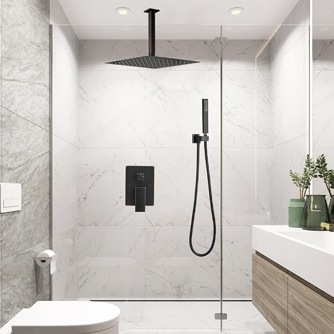 Oil Rubbed Bronze 10 Inch Rain Shower Head Ceiling Mount with Handheld, 59 Inch Hose, Mixer Valve, Bracket Holder, Rain Setting, 1 Handle, Brass, Stainless Steel, Shower Kit