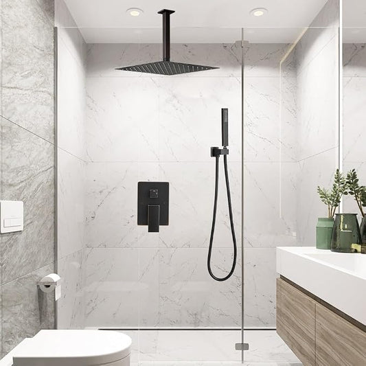 Oil Rubbed Bronze 10 Inch Rain Shower Head Ceiling Mount with Handheld, 59 Inch Hose, Mixer Valve, Bracket Holder, Rain Setting, 1 Handle, Brass, Stainless Steel, Shower Kit