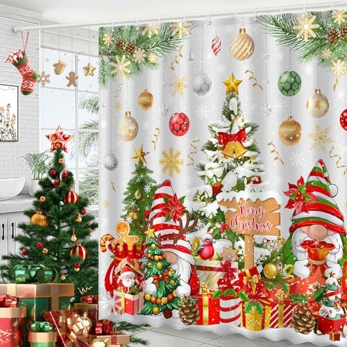Boho Shower Curtains for Bathroom Mid Century Minimalist Abstract Aesthetic Modern Bathroom Decor Curtain Machine Washable Waterproof Fabric with 12 Hooks (Christmas Gnome White, 72"W x 72"L)
