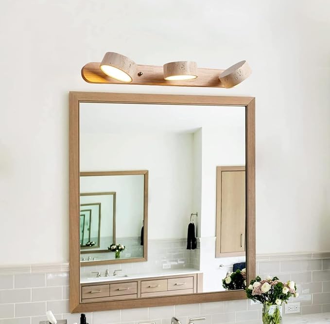 Farmhouse Wood Bathroom Vanity Light Natural Stone Shade | Nordic Style Travertine Linear Bathroom Light Fixture 3 Lights Rotatable LED Wall Light Over Mirror - Natural Wood Color