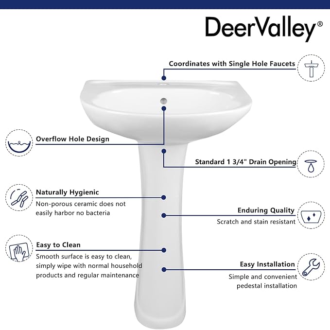 DeerValley Ally 20x16.54 Inch U-Shape White Ceramic Pedestal Sink with Overflow, Modern Bathroom Pedestal Sink, DV-1P525