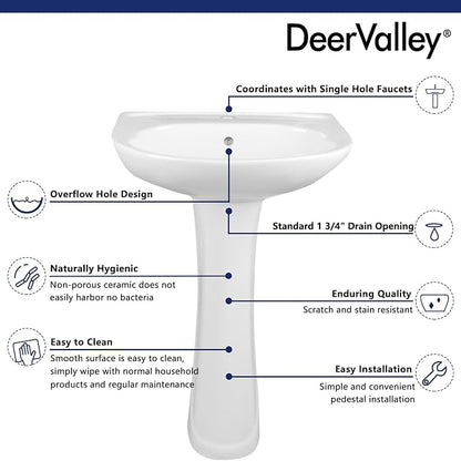 DeerValley Ally 20x16.54 Inch U-Shape White Ceramic Pedestal Sink with Overflow, Modern Bathroom Pedestal Sink, DV-1P525