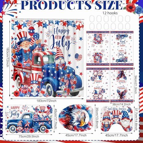 FuWeave 8 Pcs 4th of July Shower Curtain Set, Patriotic Gnome & Truck Bathroom Decor, 250th Anniversary White Red Blue American Flag, Includes Towels, Non-Slip Rugs, Toilet Lid Cover & 12 Hooks