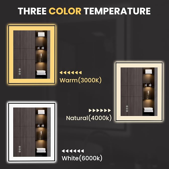 LOAAO 24"X30" LED Bathroom Mirror Black Framed | Anti-Fog, Dimmable, Memory Function, Tempered Glass, Lighted Vanity Mirror for Wall