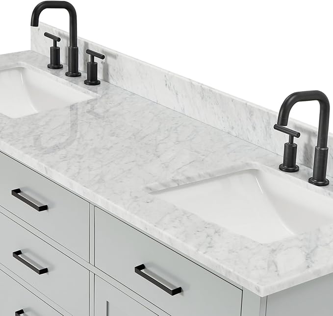 ARIEL Hepburn 66-inch Bathroom Vanity with Sink,Solid Wood, 0.75-inch Italian Carrara Marble Countertop, Double Rectangular Porcelain Sink, 4 Soft Closing Doors, 6 Dovetail Drawers, Grey