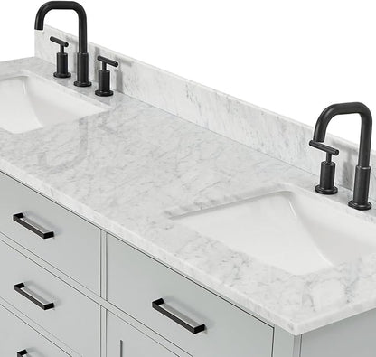 ARIEL Hepburn 66-inch Bathroom Vanity with Sink,Solid Wood, 0.75-inch Italian Carrara Marble Countertop, Double Rectangular Porcelain Sink, 4 Soft Closing Doors, 6 Dovetail Drawers, Grey