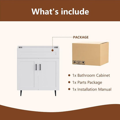 36 Inch Bathroom Vanity, Freestanding Wooden Bathroom Vanity with 2 Doors and Metal Legs, Bathroom Cabinet Vanity Without Ceramic Sink (White Without Sink, 36")