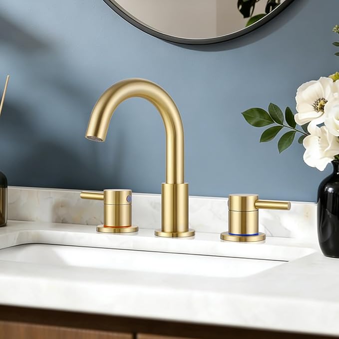 FGKQ Bathroom Faucet for Sink 3 Hole Brushed Glod, Bathroom Sink Faucet with Pop Up Drain, 8 Inch Widespread Vanity 3 Hole, 360° Swivel Two Handle with Supply Lines
