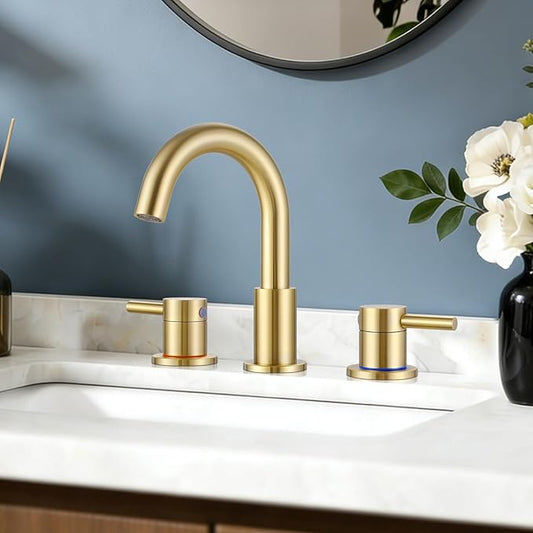FGKQ Bathroom Faucet for Sink 3 Hole Brushed Glod, Bathroom Sink Faucet with Pop Up Drain, 8 Inch Widespread Vanity 3 Hole, 360° Swivel Two Handle with Supply Lines