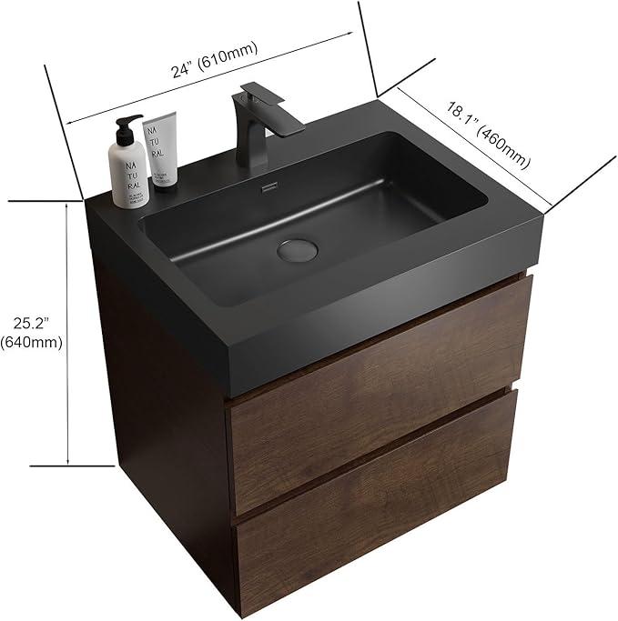 24" Floating Bathroom Vanity with Black Sink, Modern Bathroom Cabinet with Top and Soft Close Drawers, Spacious Storage for Small Space, Walnut - Lavanda Collection