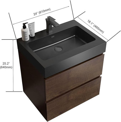 24" Floating Bathroom Vanity with Black Sink, Modern Bathroom Cabinet with Top and Soft Close Drawers, Spacious Storage for Small Space, Walnut - Lavanda Collection