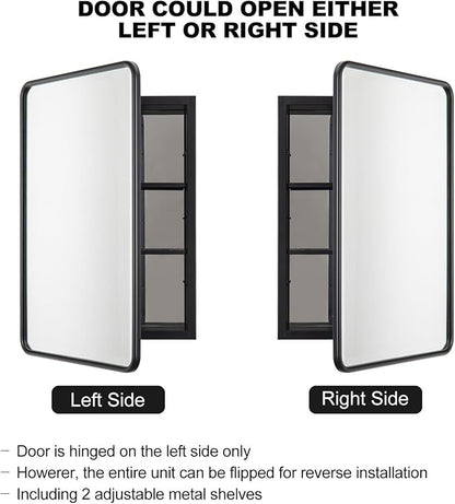 Black Bathroom Medicine Cabinet with Mirror 16 x 24 Metal Frame Recessed Or Wall Mounted Single Door Storage Medicine Cabinet with Adjustable Shelves Rounded Rectangle Beveled Mirror