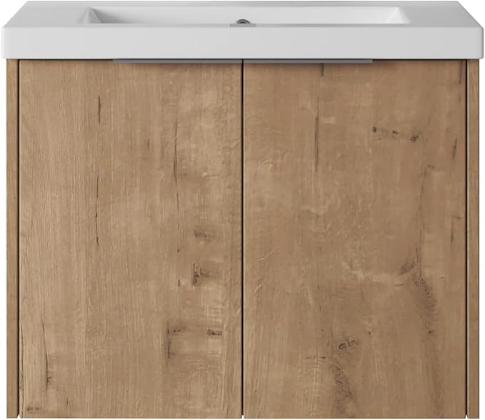 SSLine 60-Inch Double Sink Vanity Modern Wall Mounted Bathroom Vanity with Double Sink 60" Large Floating Bathroom Vanities Set with White Open Storage Shelf & 1 Side Cabinet,Brown White
