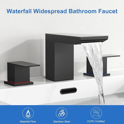 RUMOSE Bathroom Faucets 3 Hole Black Bathroom Sink Faucet with Drain | 8 Inch Mixer Widespread Waterfall Vanity Two Handle Lavatory Bath Tap, Pop Up Drain, Stainless Steel