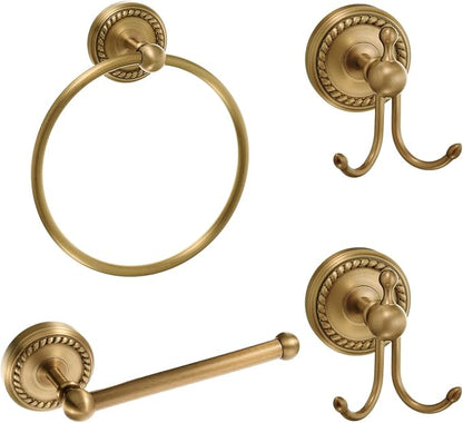 4 Pcs Antique Brass Gold Bathroom Accessories Set, Towel Ring, Toilet Paper Holder & Robe Hooks, Wall Mounted Brushed Solid Brass with Vintage Finish for Bathroom Decor Hardware Fixture Set