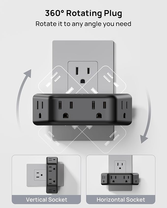 TROND Black 360 Rotating Plug Outlet Extender, Space-Saving Outlet Splitter | Plug Adapter with 4 Grounded Socket, 3 Way Angled Design, 900J Surge Protection, for Bathroom Kitchen Office Bedroom